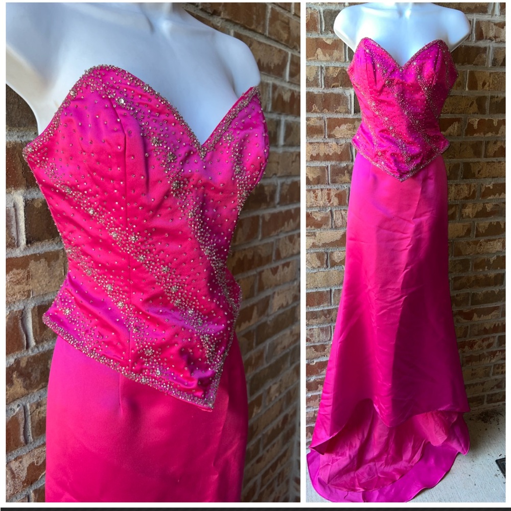 Strapless Beaded Fuchsia Evening Gown